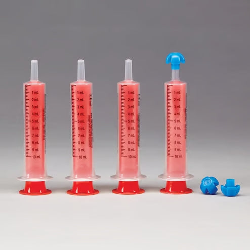 Health Care Logistics by Comar Oral Dispensers with Tip Caps, 10mL - Clear, Red Plungers