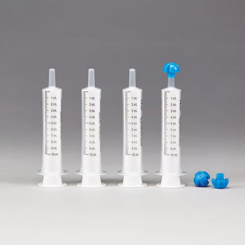 Health Care Logistics by Comar Oral Dispensers with Tip Caps, 10mL - Clear, White Plungers