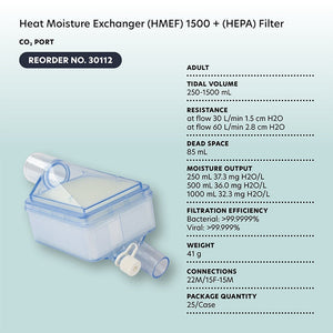 Heat Moisture Exchanger (HMEF)1500 - (HEPA) Filter, CO2 Port, Adult, 25/cs Heat Moisture Exchanger (HMEF)1500 - (HEPA) Filter, CO2 Port, Adult, 25/cs
