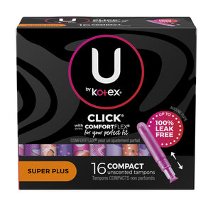 U by Kotex® Tampon, Super Premium, Super Plus Absorbency, Click Compact, 16/pk, 8 pk/cs U by Kotex® Tampon, Super Premium, Super Plus Absorbency, Click Compact, 16/pk, 8 pk/cs