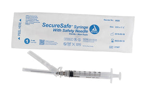 SecureSafe Syringe w/ Safety Needle - Luer Lock, 22G, 1.5" Needle, 3 cc, 8/100/cs SecureSafe Syringe w/ Safety Needle - Luer Lock, 22G, 1.5" Needle, 3 cc, 8/100/cs