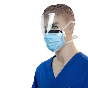 Surgical Face Mask w/ Ties & Plastic Shield, Blue, 4/50/cs Surgical Face Mask w/ Ties & Plastic Shield, Blue, 4/50/cs