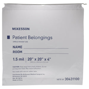 McKesson, Patient Belongings Bag McKesson 4 X 20 X 20 Inch Polyethylene Drawstring Closure Clear, Count of 250 McKesson, Patient Belongings Bag McKesson 4 X 20 X 20 Inch Polyethylene Drawstring Closure Clear, Count of 250