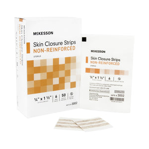 McKesson, Skin Closure Strip McKesson 1/4 X 1-1/2 Inch Nonwoven Material Flexible Strip Tan, Box Of 50 McKesson, Skin Closure Strip McKesson 1/4 X 1-1/2 Inch Nonwoven Material Flexible Strip Tan, Box Of 50