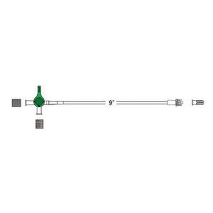 Extension Set, Four-way high flow stopcock bonded to 9" pressure-monitoring tubing, male luer-lock. Approximate priming volume 1.4mL. Approximate length 9"L Extension Set, Four-way high flow stopcock bonded to 9" pressure-monitoring tubing, male luer-lock. Approximate priming volume 1.4mL. Approximate length 9"L