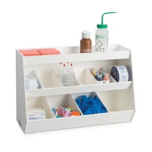 Fixed Compartment Bench Bin, 10 Bins and 1 Shelf • 24"W x 10.8"D x 16"H Fixed Compartment Bench Bin, 10 Bins and 1 Shelf • 24"W x 10.8"D x 16"H