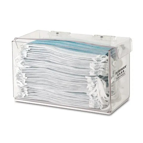 Bowman PETG Face Mask Dispenser, Hinged Lid • 8.66"W x 4.38"D x 4.98"H