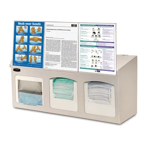 Bowman ABS Triple Surgical Mask Dispenser, With Three Sign Holders • 26.5"W x 10.69"D x 20.69"H