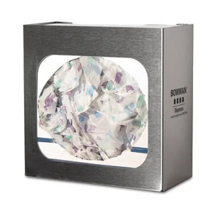 Bouffant Cap/Shoe Cover Dispenser, Stainless • 11.25"W x 5.12"D x 11.23"H Bouffant Cap/Shoe Cover Dispenser, Stainless • 11.25"W x 5.12"D x 11.23"H