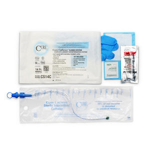 CURE CLOSED SYSTEM KIT WITH ACCESSORIES COUDE TIP PRE-LUBRICATED CATHETER 14 FR CURE CLOSED SYSTEM KIT WITH ACCESSORIES COUDE TIP PRE-LUBRICATED CATHETER 14 FR