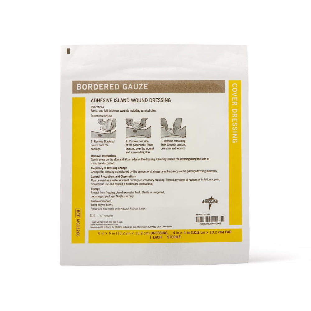 Sterile Bordered Gauze Adhesive Island Wound Dressing, 6" x 6" with 4" x 4" Pad