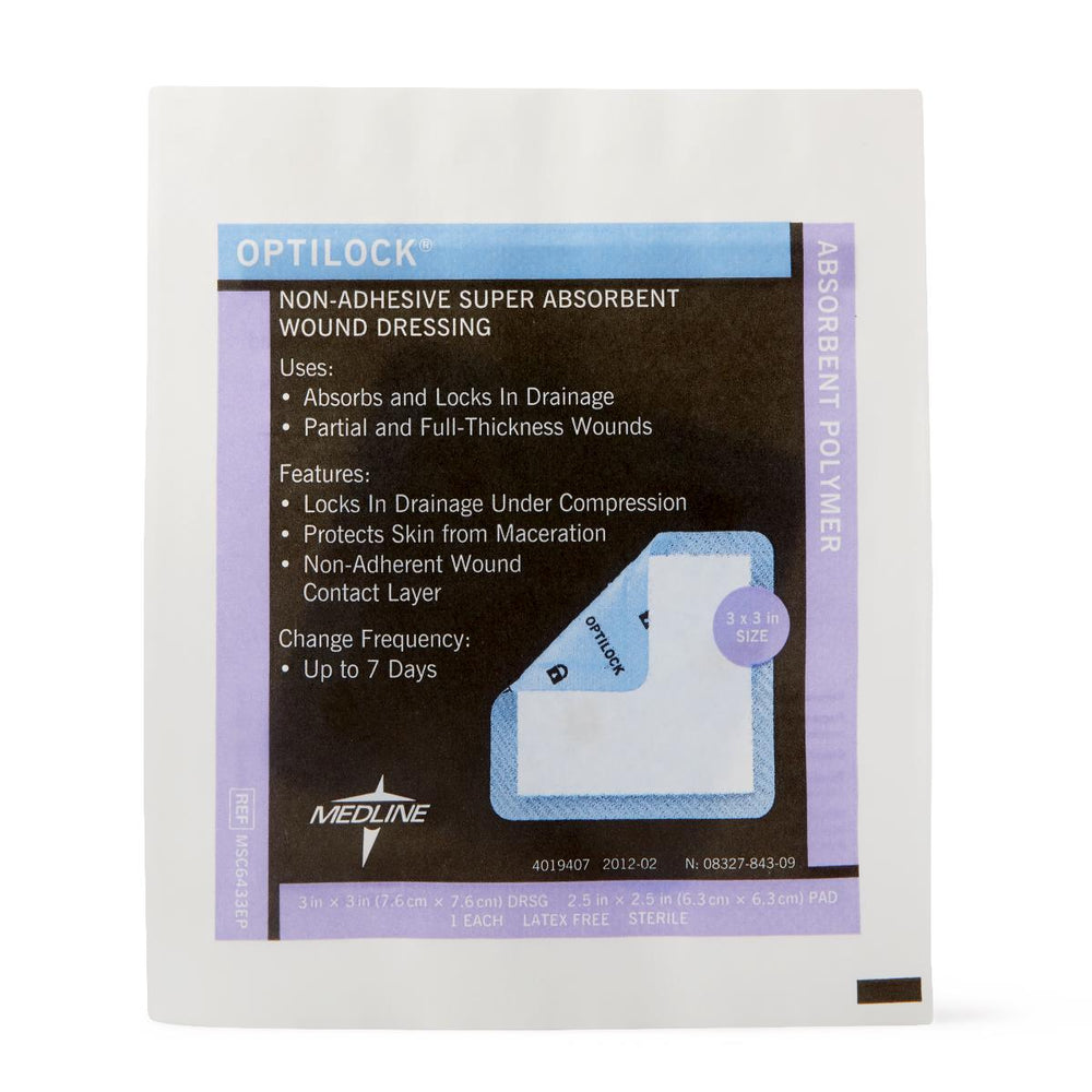 OptiLock Nonadhesive Super Absorbent Wound Dressings, 3" x 3", in Educational Packaging