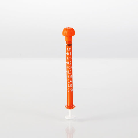 Oral Dispensers with Tip Caps, 0.5mL, Amber/White Markings