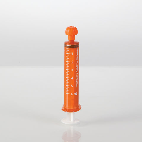 Oral Dispensers with Tip Caps, 6mL, Amber/White Markings, 100 Pack