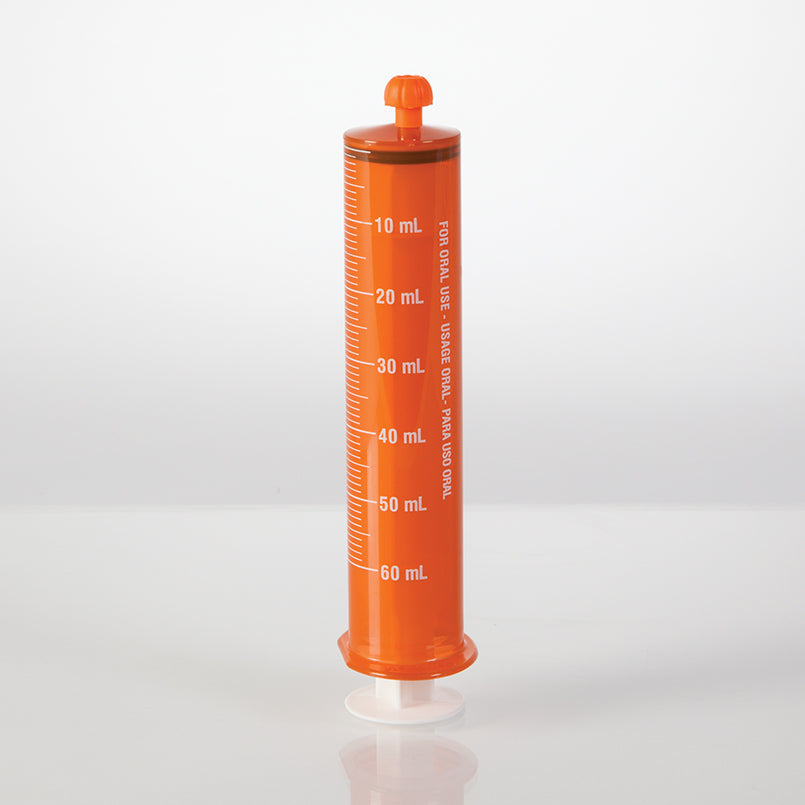 Health Care Logistics Oral Dispensers with Tip Caps, 60mL, Amber/White Markings, 100 Pack