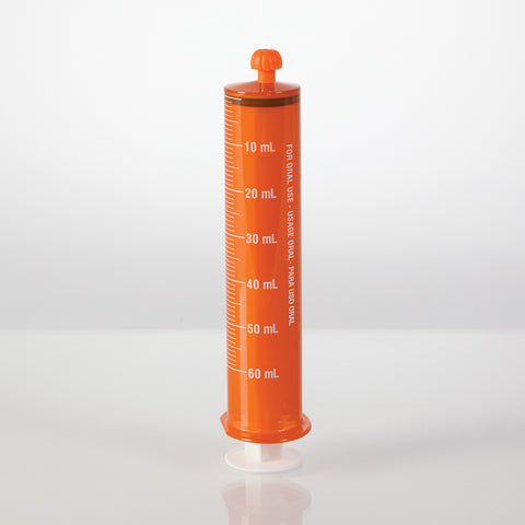 Oral Dispensers with Tip Caps, 60mL, Amber/White Markings, 100 Pack