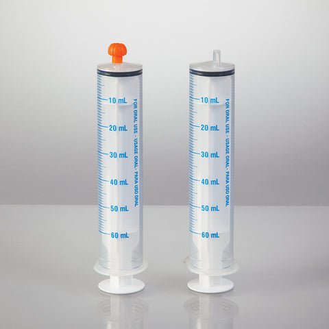 Oral Dispensers with Tip Caps, 60mL, Clear/Blue Markings, 25 Pack