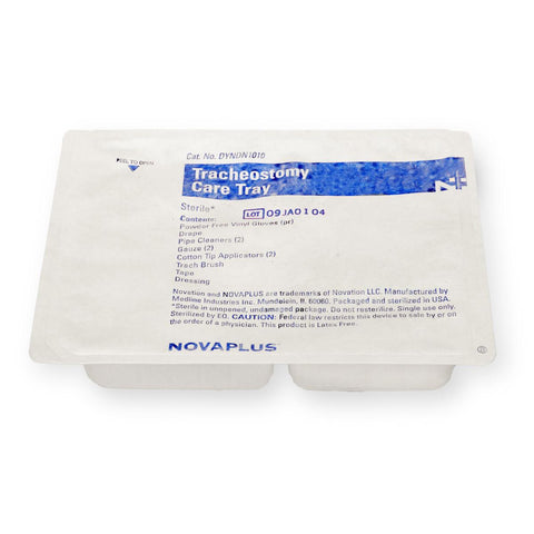 Three Compartment Tracheostomy Tray with (2) Aloe Touch Gloves, (1) Drape, (2) Pipe Cleaners, (2) Nonwoven Gauze 4x4s, (2) Cotton-Tip Applicators, (1) Pliable Cleaning Brush, (1) 34