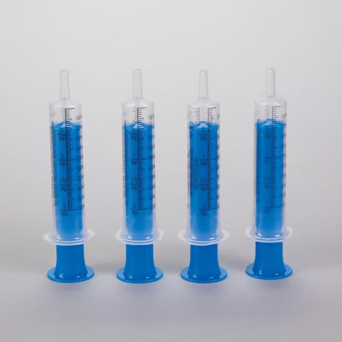 Health Care Logistics by Comar Oral Dispensers with Tip Caps, 10mL - Clear, Blue Plungers