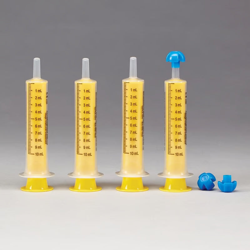 Health Care Logistics by Comar Oral Dispensers with Tip Caps, 10mL - Clear, Yellow Plungers