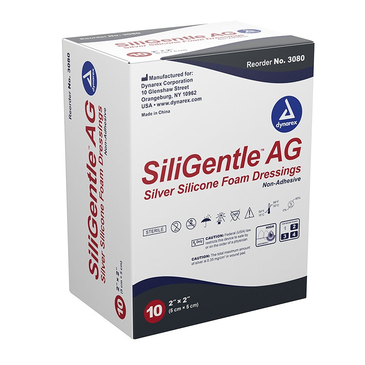 SiliGentle AG - Silver Silicone Foam Dressing, 2" x 2", 5/10/cs