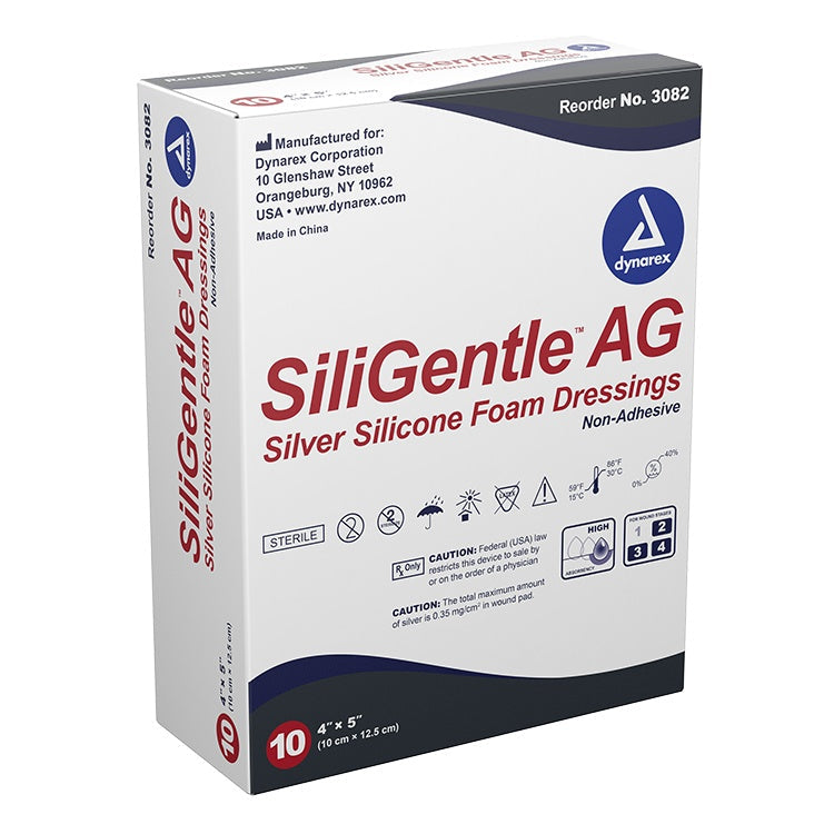 SiliGentle AG - Silver Silicone Foam Dressing, 4" x 5", 5/10/cs