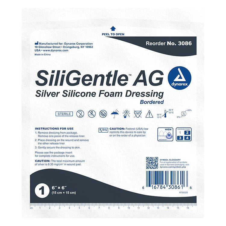 SiliGentleAG - Silver Silicone Bordered Foam Dressing, 6" x 6", 5/10/cs