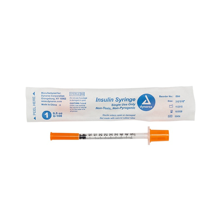 Insulin Syringe - Non-Safety, 28G, 1/2" Needle, 0.5 cc, 5/100/cs