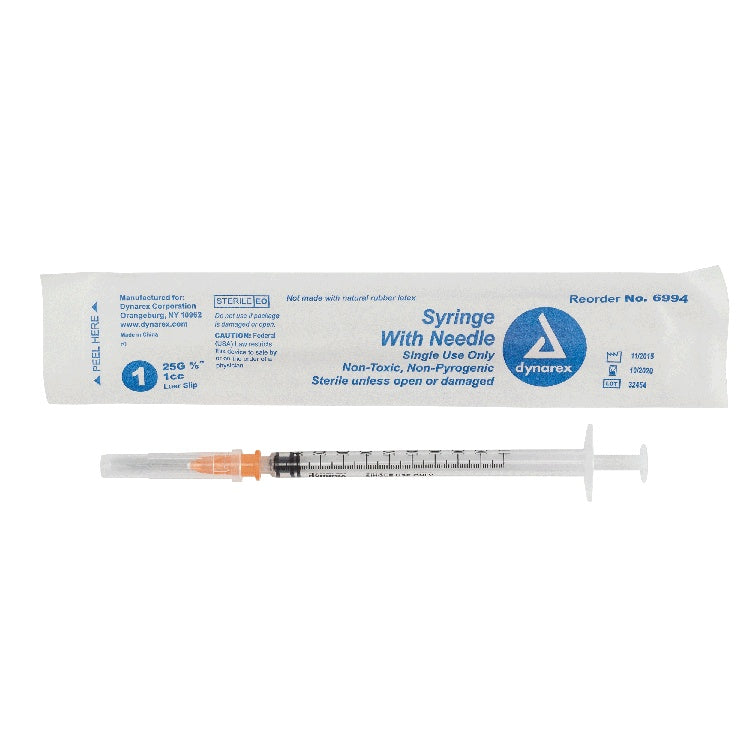 Syringe - Non-Safety with Needle - Luer slip, 25G, 5/8" Needle, 1 cc, 8/100/cs
