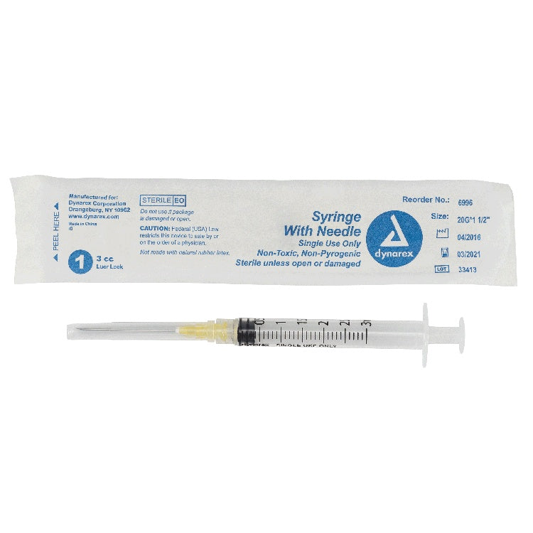 Syringe - Non-Safety with Needle - Luer Lock, 20G. 1.5" Needle, 3 cc, 8/100/cs