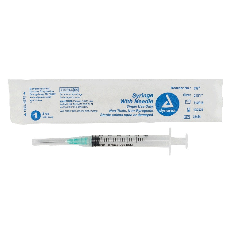 Syringe - Non-Safety with Needle - Luer Lock, 21G, 1" Needle, 3 cc, 8/100/cs