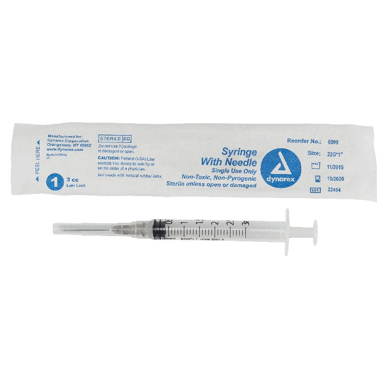 Syringe - Non-Safety with Needle - Luer Lock, 22G, 1" Needle, 3 cc, 8/100/cs