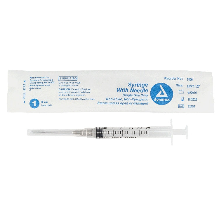 Syringe - Non-Safety with Needle - Luer Lock, 22G, 1.5" Needle, 3 cc, 8/100/cs