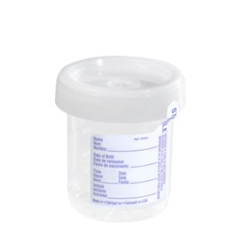 Urine container, 90 ml, (xH): 60 x 65 mm, PP, with paper label, transparent