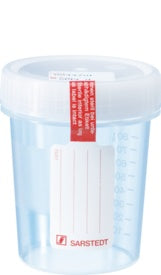 Container with screw cap, 100 ml, (xH): 57 x 76 mm, PP, with safety label, transparent