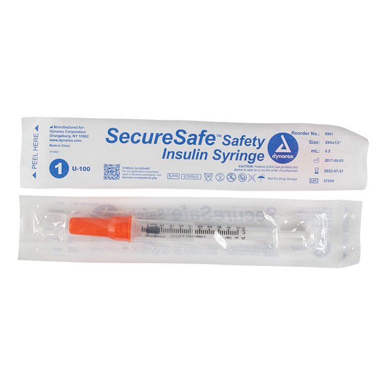 SecureSafe Safety Insulin Syringe - 0.5 ml (New Mechanism), 29G, 1/2" Needle, 5/100/cs