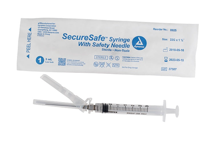 SecureSafe Syringe w/ Safety Needle - Luer Lock, 22G, 1.5" Needle, 3 cc, 8/100/cs