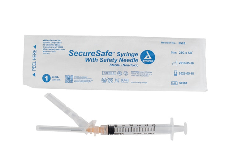 SecureSafe Syringe w/ Safety Needle - Luer Lock, 25G, 5/8" Needle, 3 cc, 8/100/cs