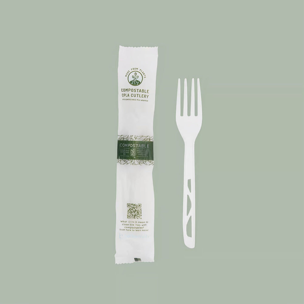 Fork, Heavy Weight White - Individually Wrapped CPLA Compostable Cut