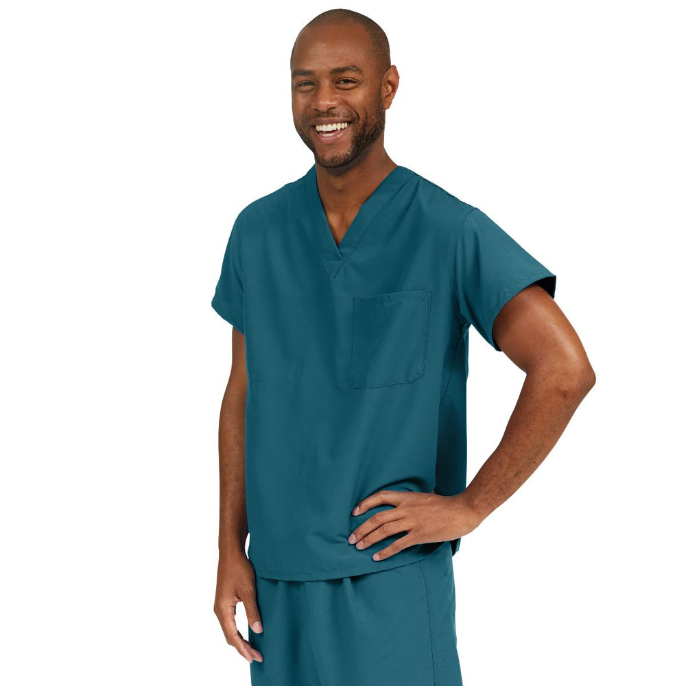 PerforMAX Unisex Reversible V-Neck Scrub Top with Chest Pocket, Caribbean Blue, Size L, Angelica Color Code