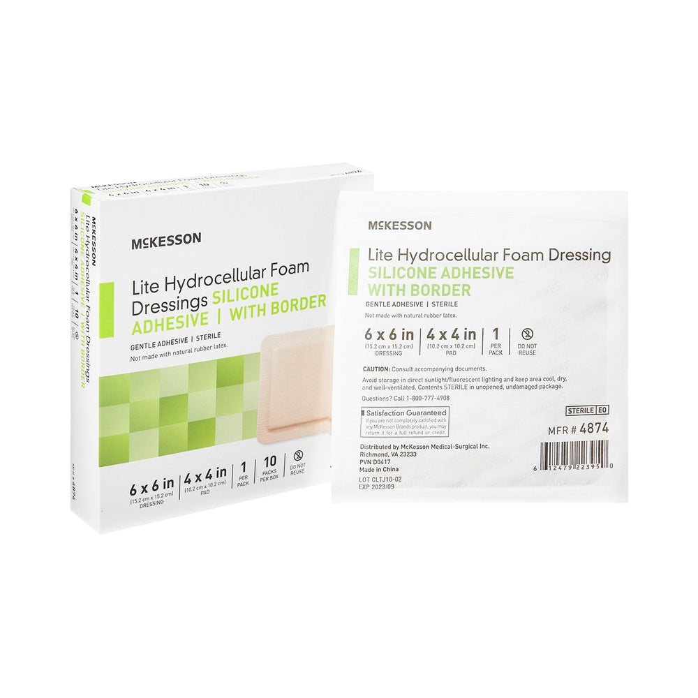 McKesson, Thin Foam Dressing 6 X 6 Inch With Border Film Backing Silicone Gel 4874, Box Of 10