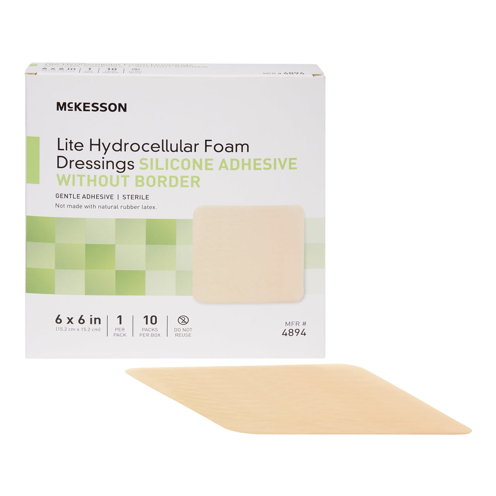 McKesson, Thin Foam Dressing 6 X 6 Inch With Border Film Backing Silicone Gel 4894, Box Of 10