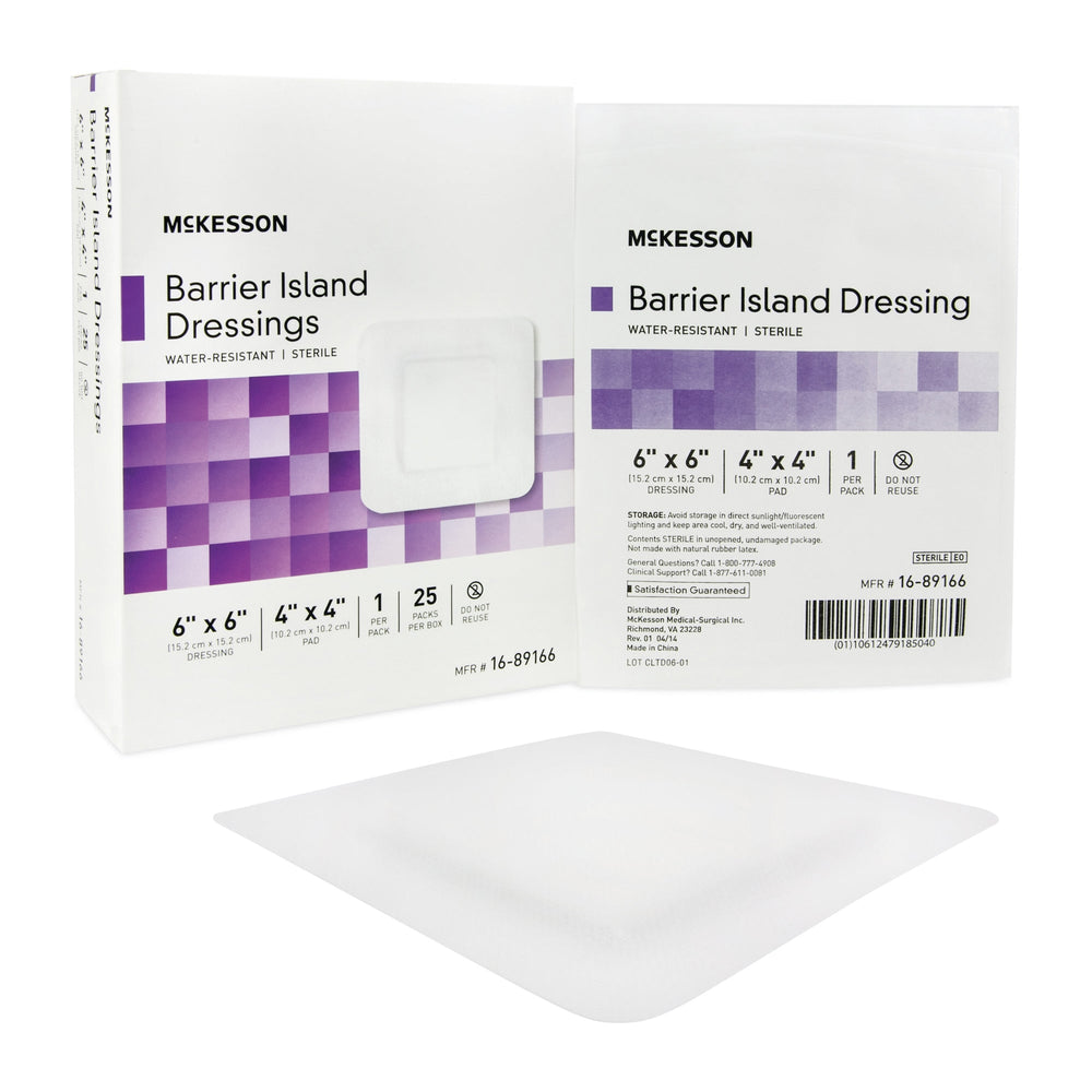 McKesson, Composite Barrier Island Dressing Water Resistant McKesson 6 X 6 Inch Polypropylene / Rayon 4 X 4 In, Box Of 25