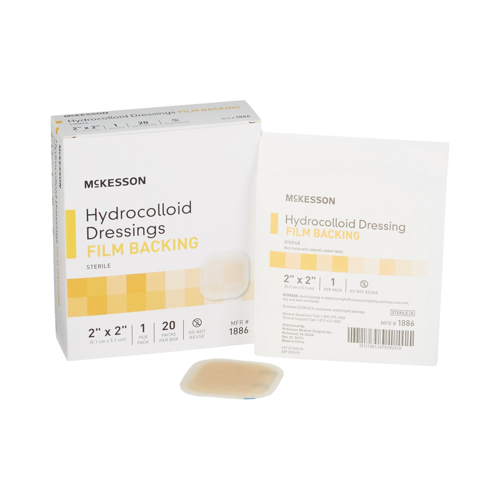 McKesson, Hydrocolloid Dressing Waterproof Film Backing 2 X 2 Inch Square Film 1886, Box Of 20