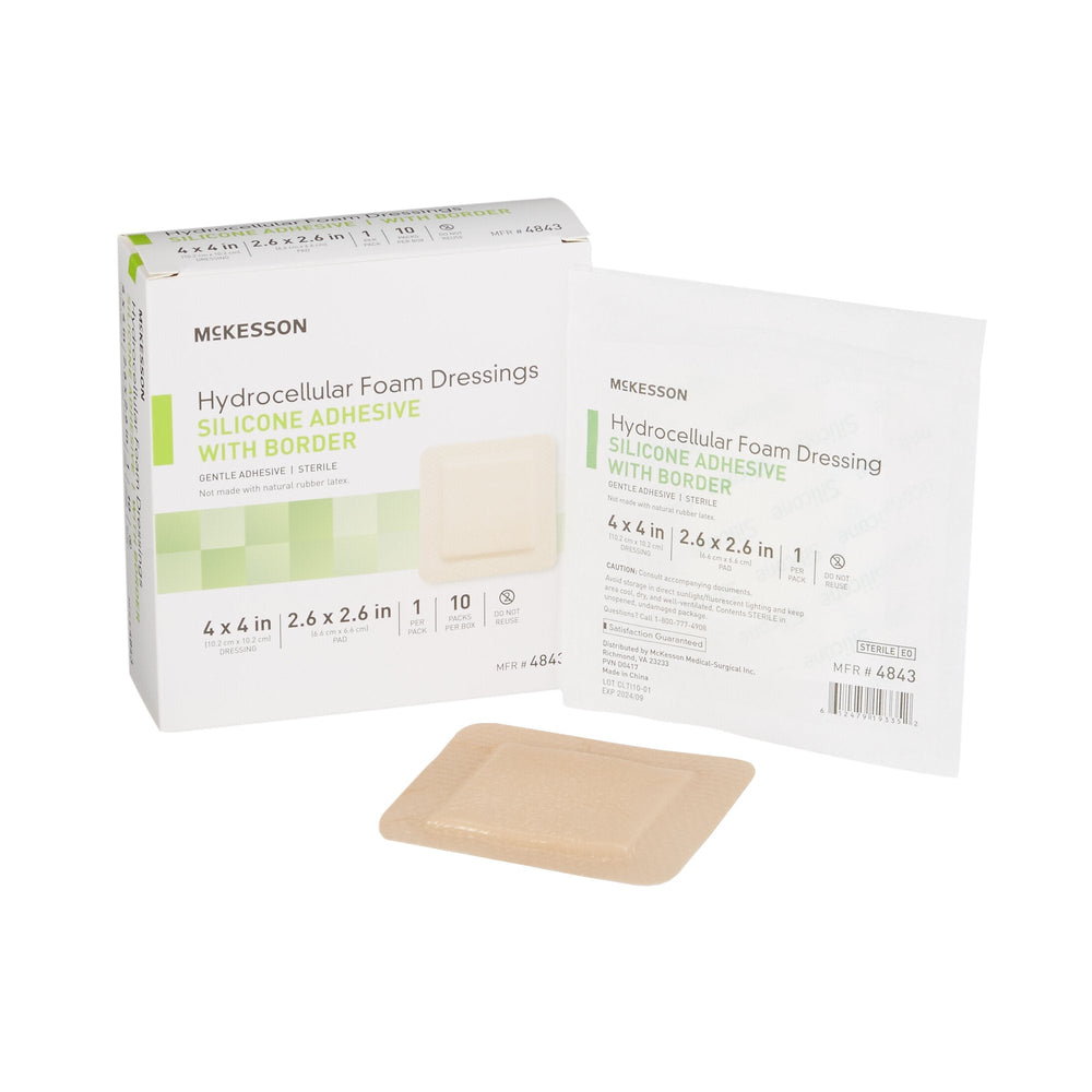 McKesson, Foam Dressing 4 X 4 Inch With Border Film Backing Silicone Gel 4843, Box Of 10