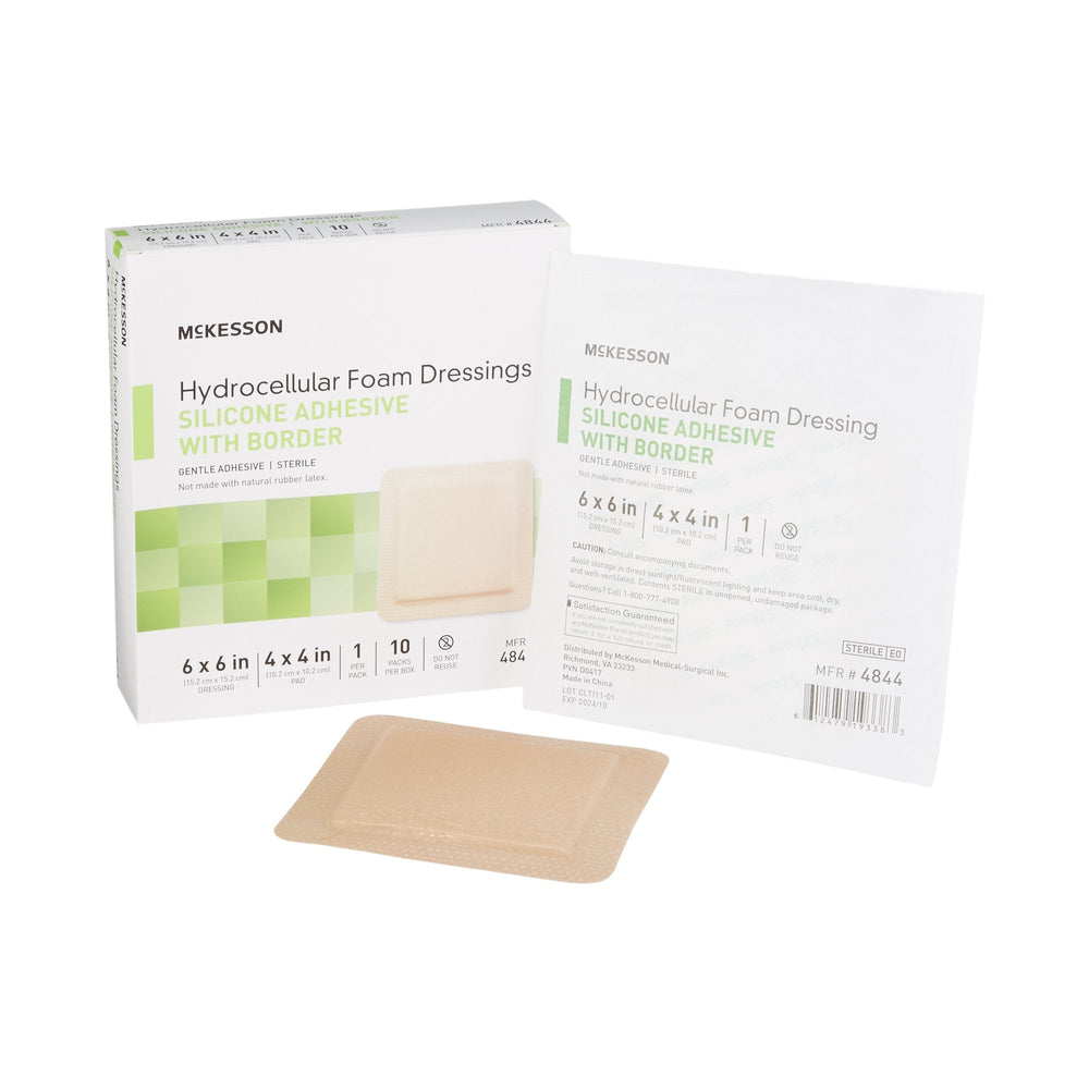 McKesson, Foam Dressing 6 X 6 Inch With Border Film Backing Silicone Gel 4844, Box Of 10