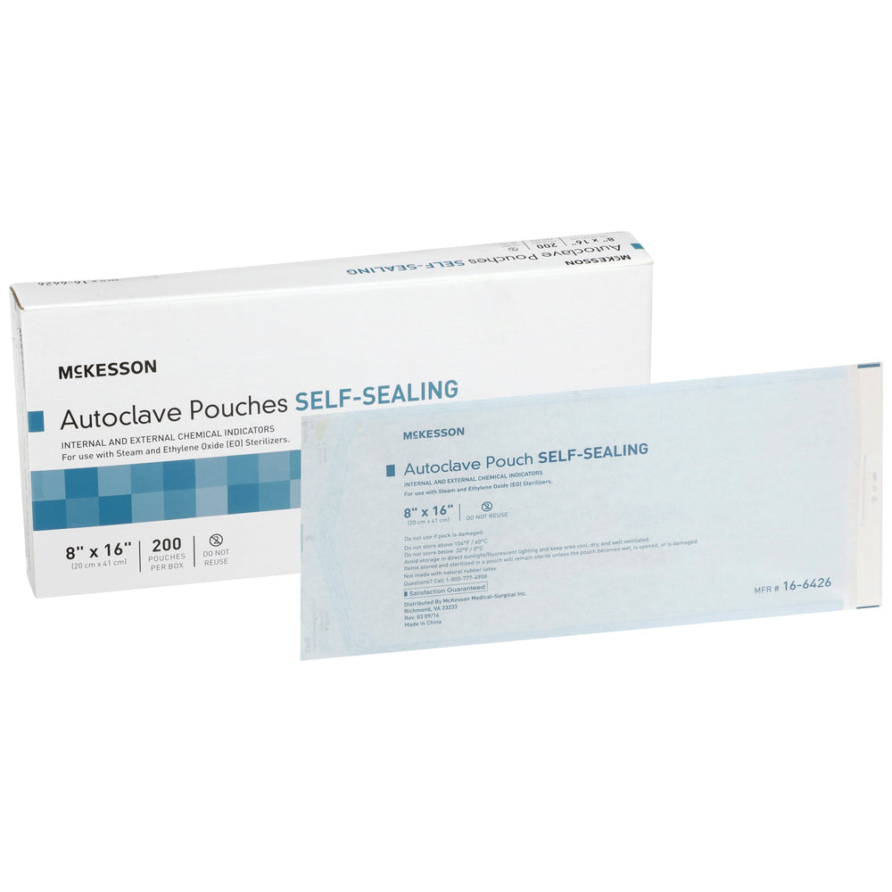 McKesson, Sterilization Pouch Ethylene Oxide EO Gas Steam 8 X 16 Inch 16-6426, Box Of 200