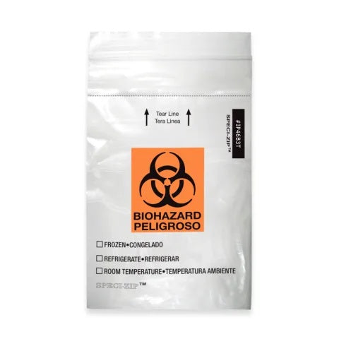 2-Pocket Zip-Closure Biohazard Specimen Bags, 4" x 6" Clear