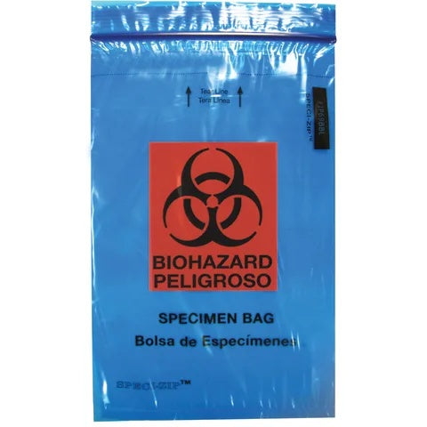 2-Pocket Zip-Closure Biohazard Specimen Bags, 6" x 9" Transparent Blue