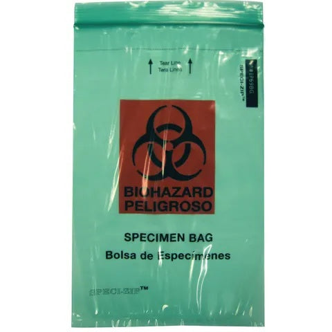 2-Pocket Zip-Closure Biohazard Specimen Bags, 6" x 9" Transparent Green